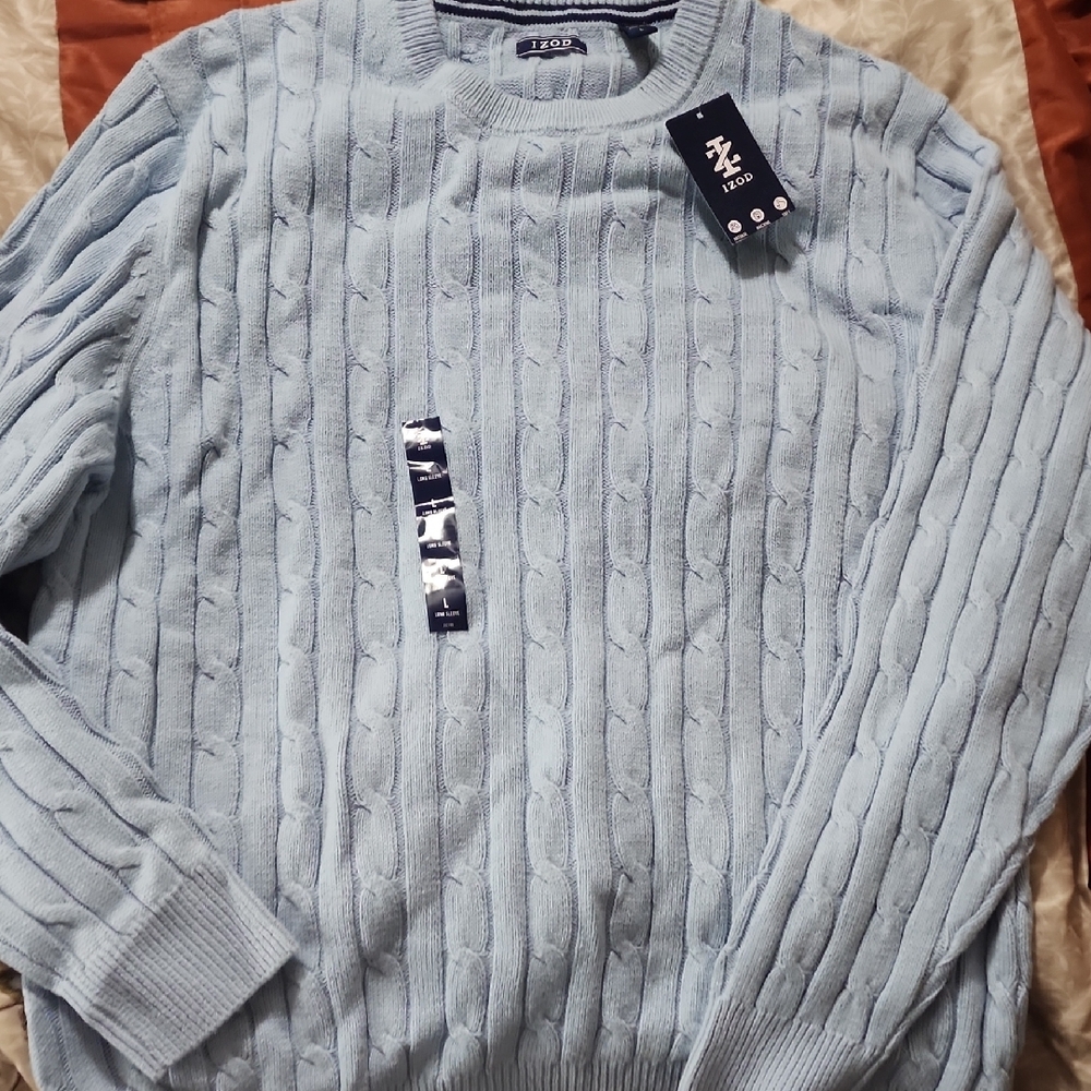 IZOD Men's Sky Blue Cable Knit Crewneck Sweater - Picture 3 of 4